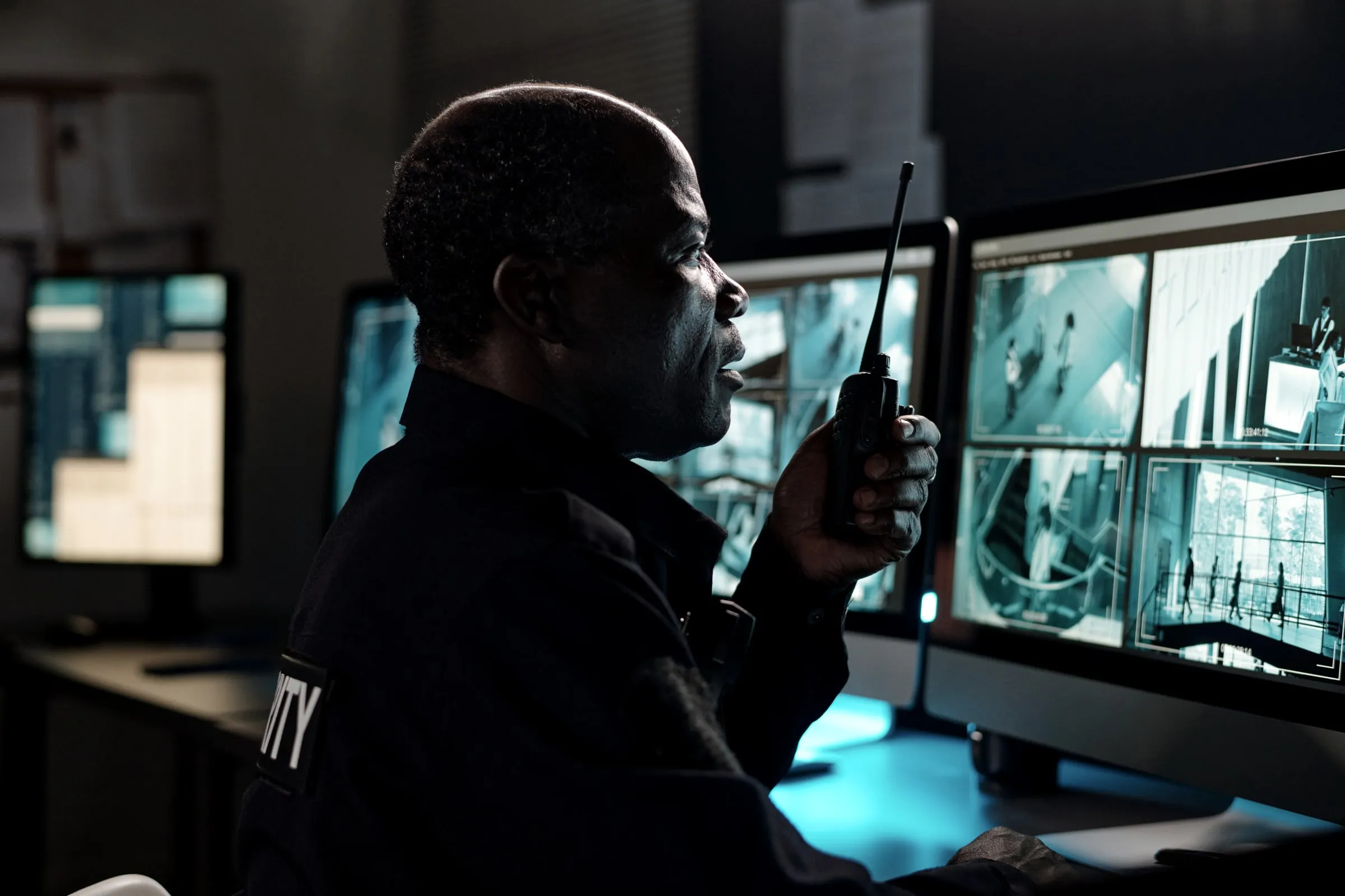 Officer in a dark uniform holding a radio while watching a bank of camera monitors in a dim control room
