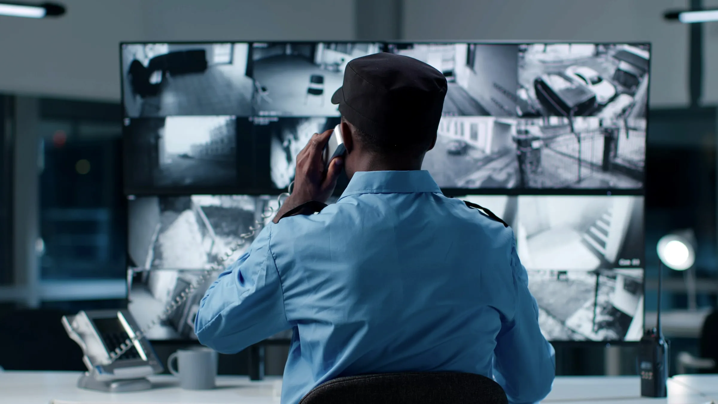 Security officer in a light blue uniform shirt and cap on a desk phone in front of a wall of camera feeds