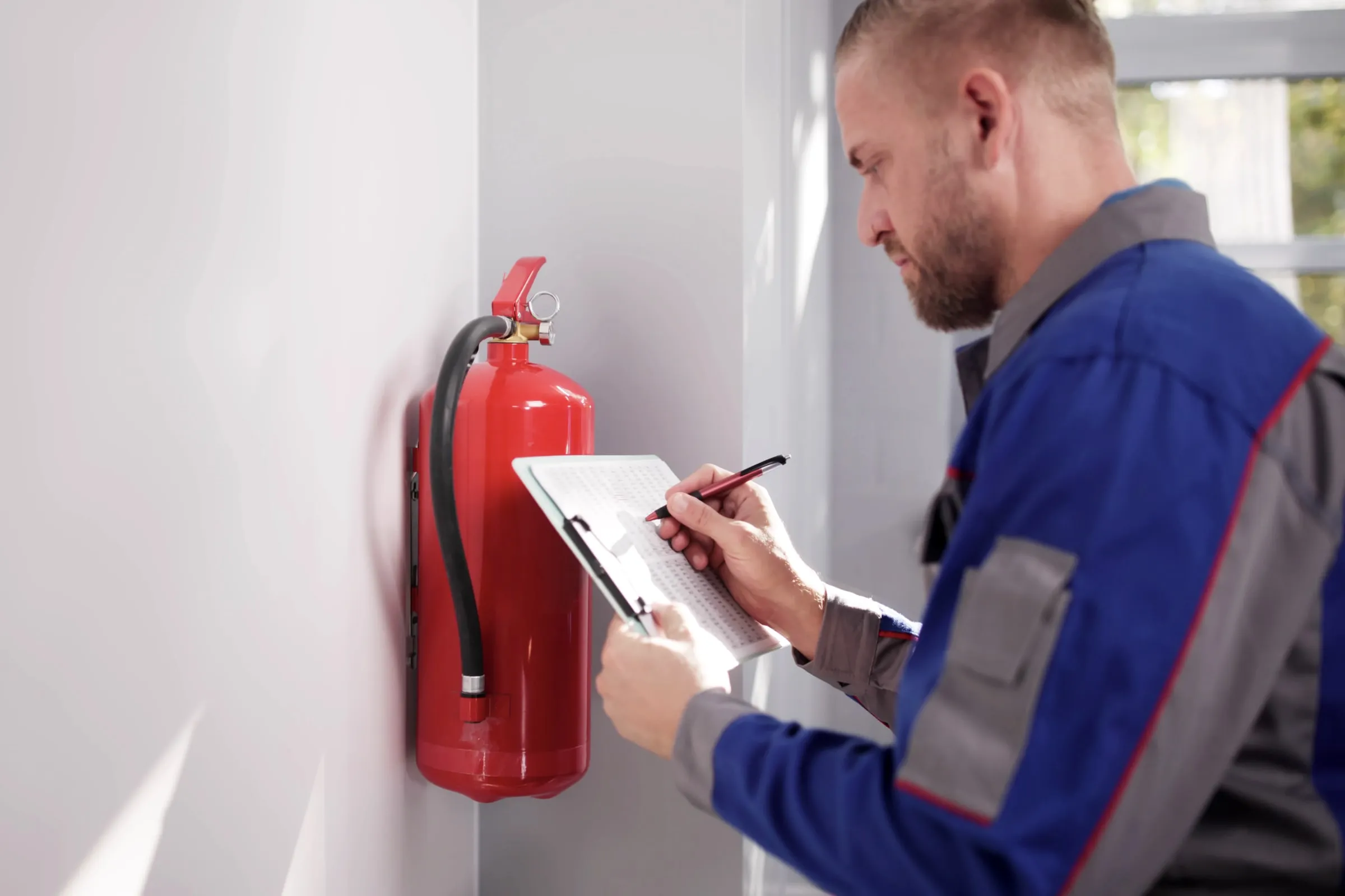 Technician in a blue jacket writing on a clipboard while checking a wall-mounted red fire extinguisher
